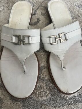 Salvatore Ferragamo White Leather Thong Sandals with Silver Hardware